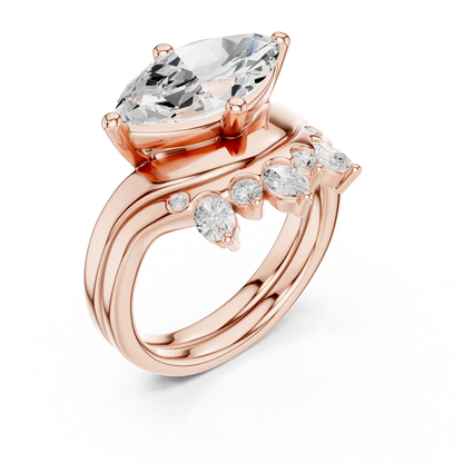 Back view of rose gold marquise solitaire ring set with tiara band and lab-grown diamond