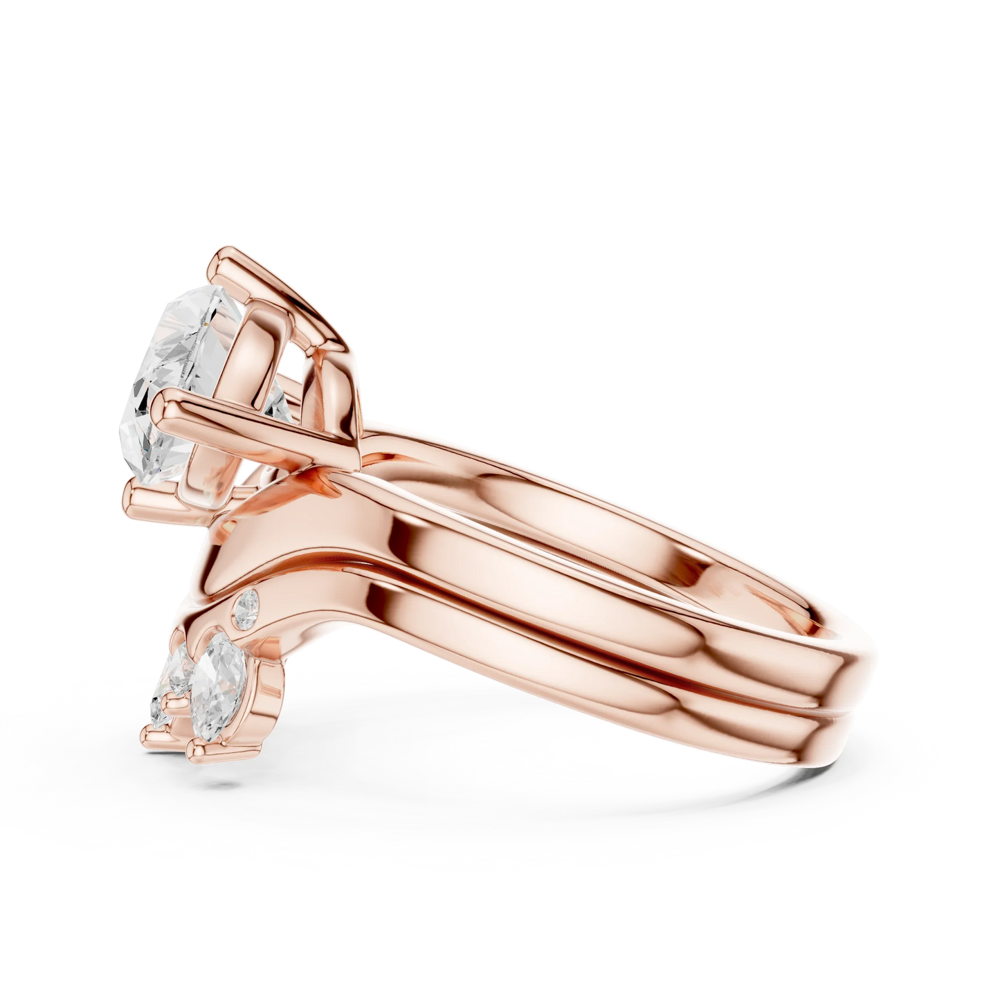 Side view of rose gold marquise solitaire ring with crown tiara band highlighting setting and profile