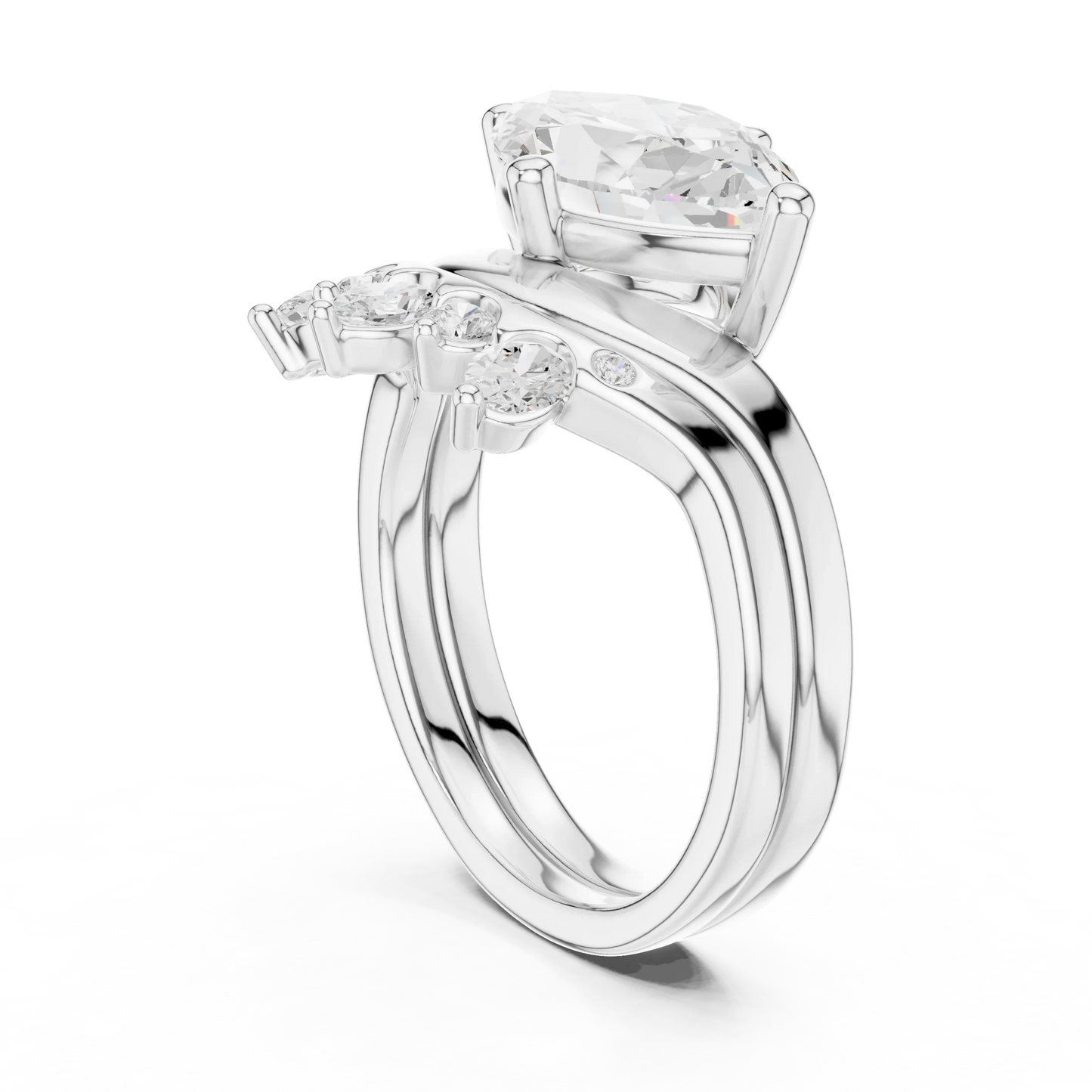 Back view of white gold marquise solitaire ring set with matching tiara band and lab-grown diamond