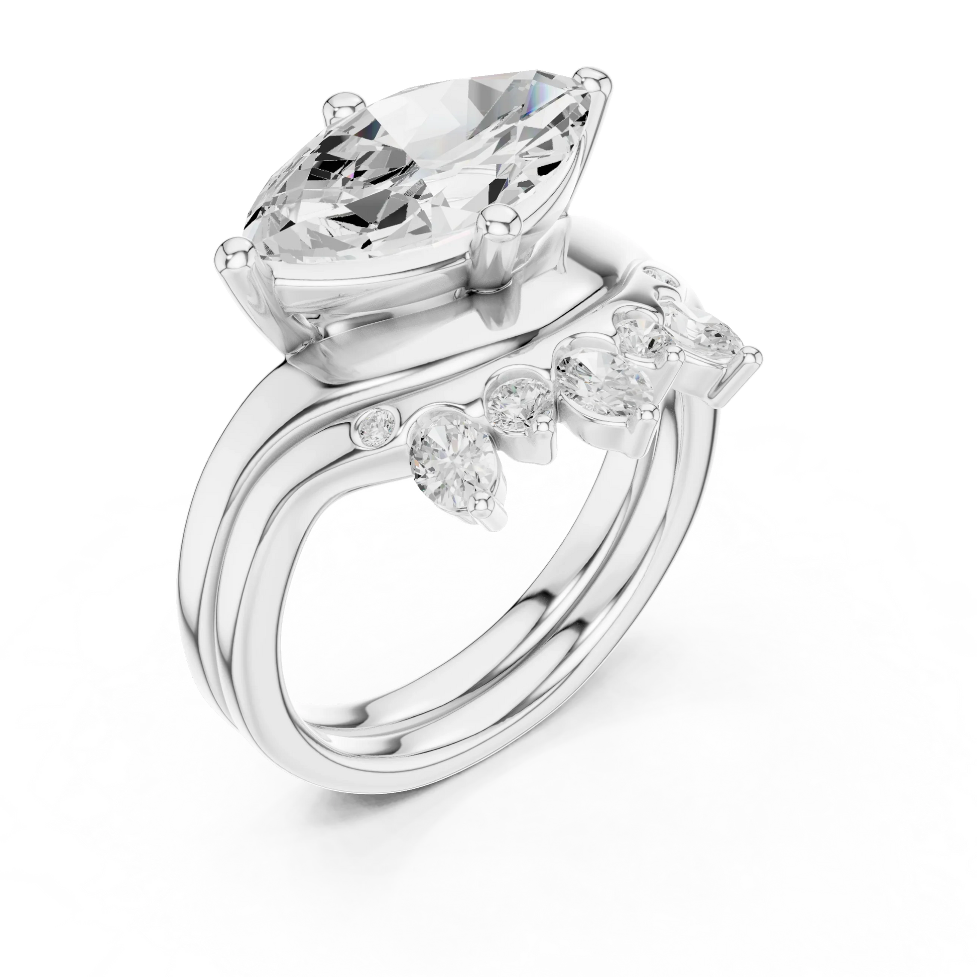 Front view of white gold marquise solitaire ring with crown tiara wedding band and lab-grown diamond