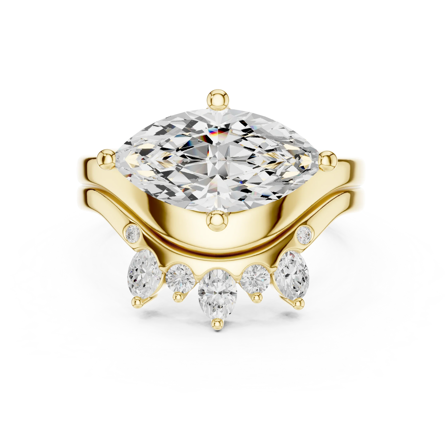 Front view of yellow gold marquise solitaire ring with matching crown tiara wedding band and lab-grown diamond