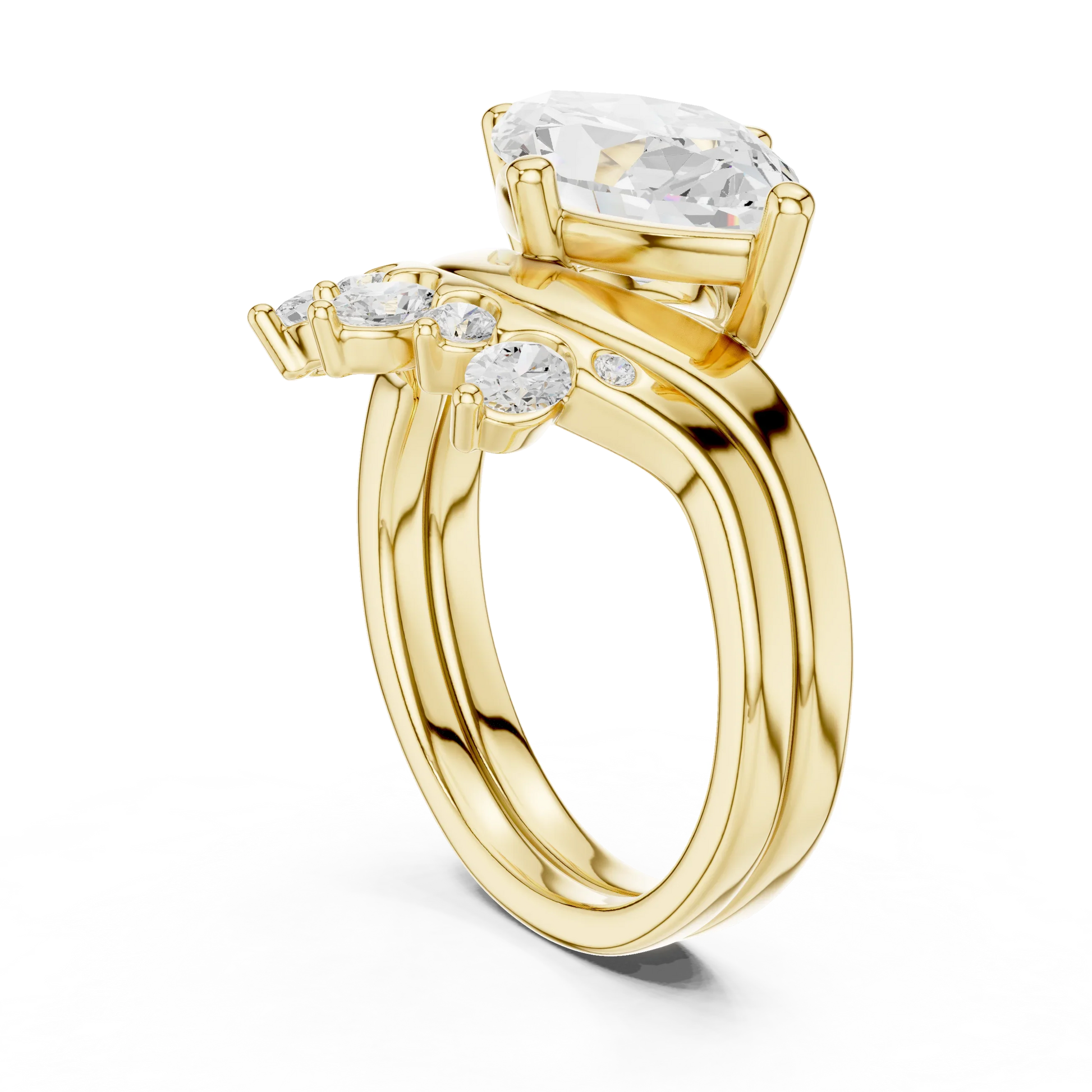 Side view of yellow gold marquise solitaire ring with crown tiara band highlighting elegant structure