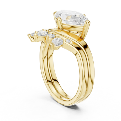 Side view of yellow gold marquise solitaire ring with crown tiara band highlighting elegant structure