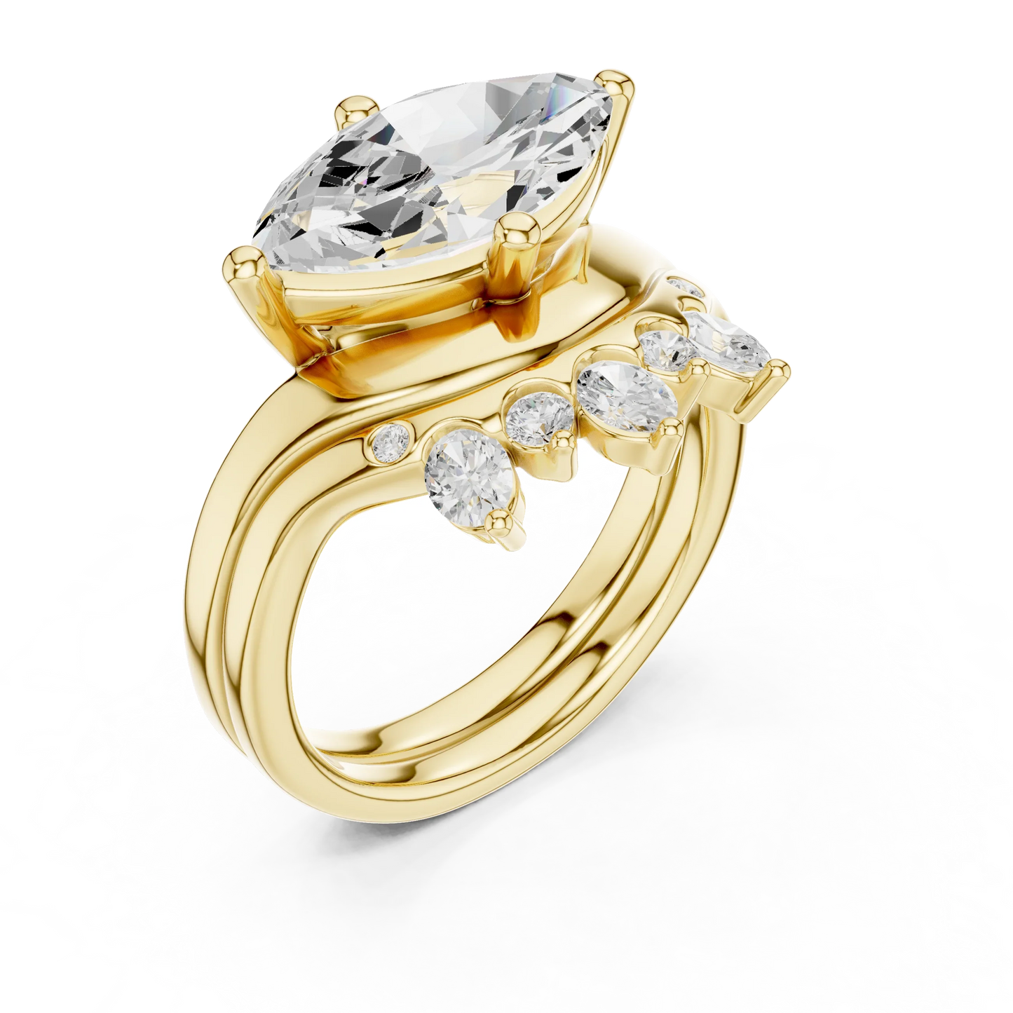Back view of yellow gold marquise solitaire ring set with tiara band and lab-grown diamond