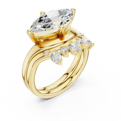 Back view of yellow gold marquise solitaire ring set with tiara band and lab-grown diamond
