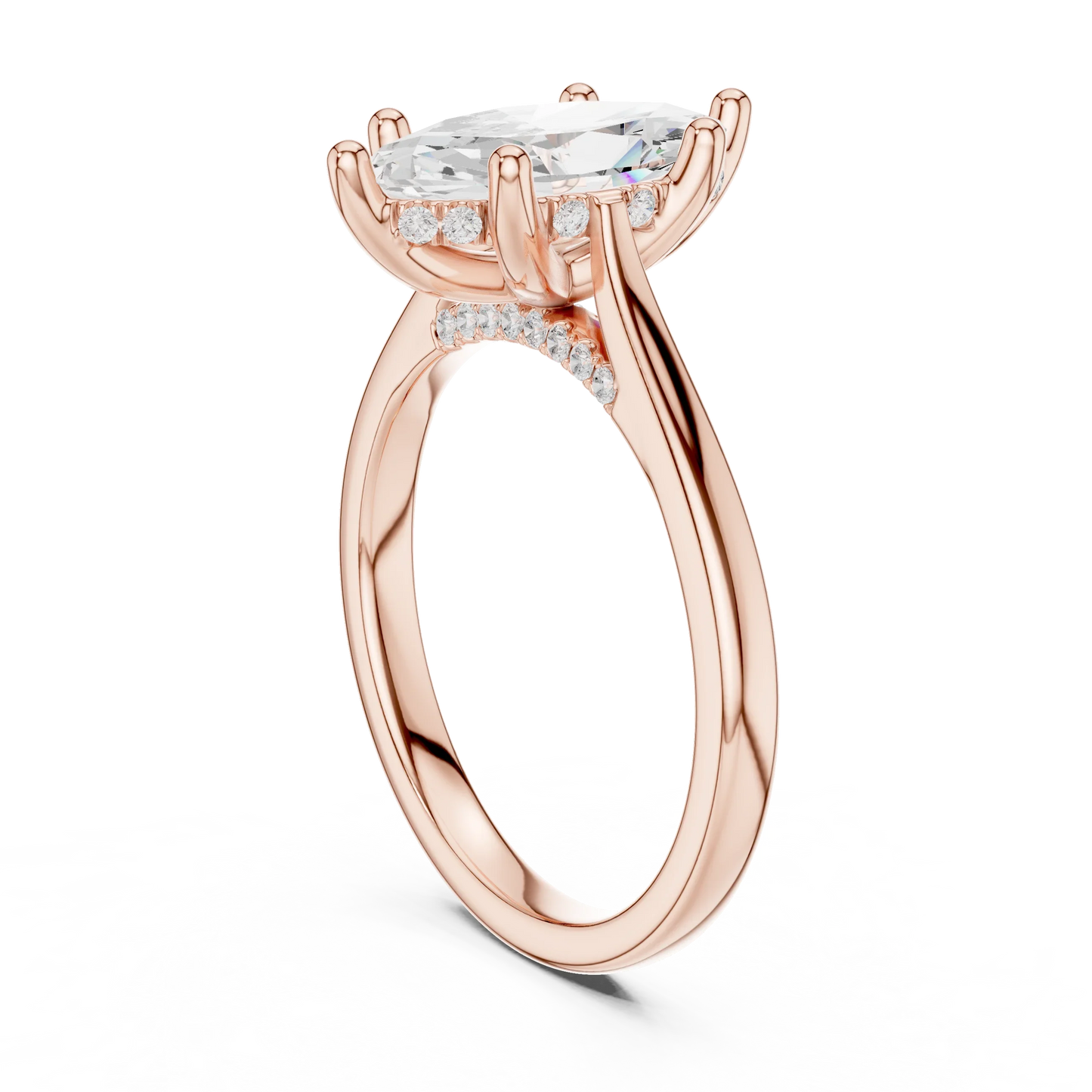 Back view of rose gold marquise solitaire ring with plain domed band and lab-grown diamond – Australia