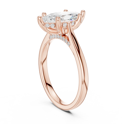 Back view of rose gold marquise solitaire ring with plain domed band and lab-grown diamond – Australia