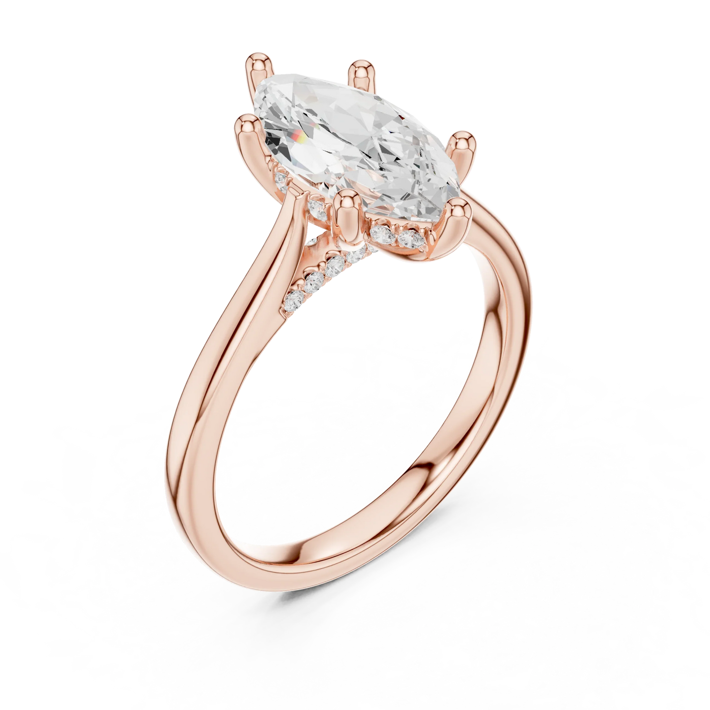 Front view of rose gold marquise solitaire ring with plain domed band and lab-grown diamond – Australia