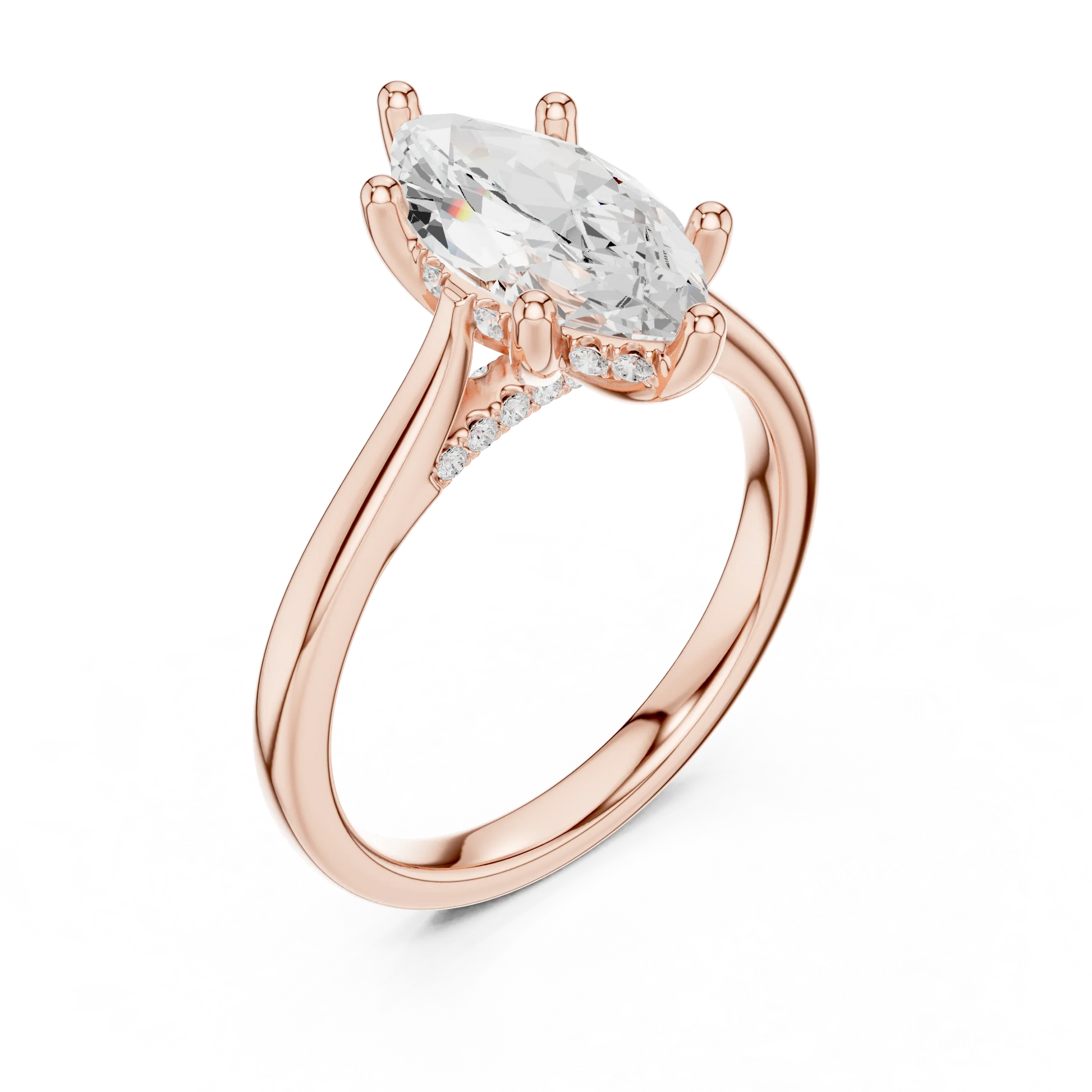 Front view of rose gold marquise solitaire ring with plain domed band and lab-grown diamond – Australia