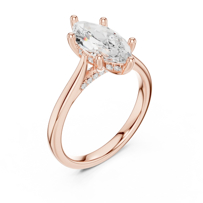 Front view of rose gold marquise solitaire ring with plain domed band and lab-grown diamond – Australia