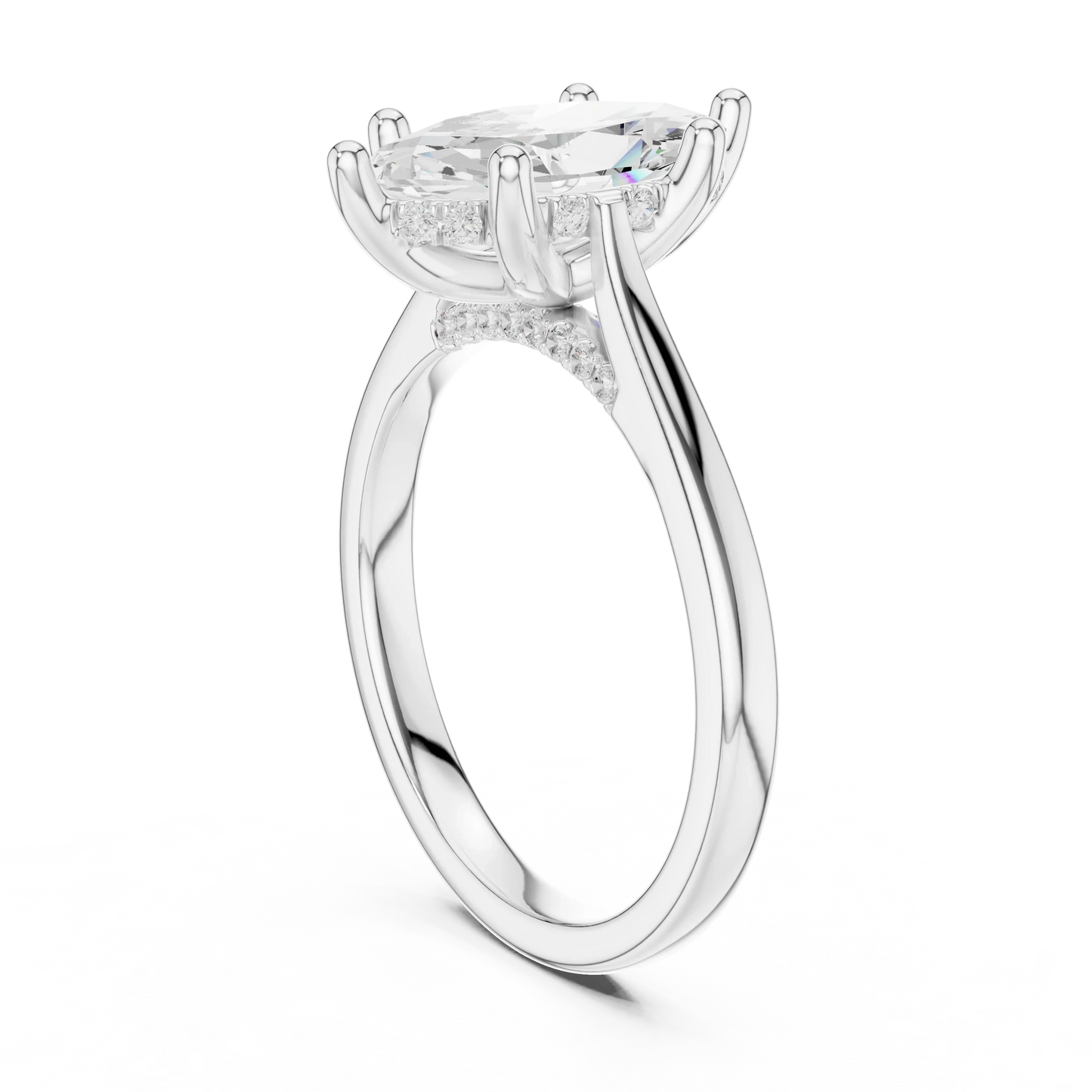 Back view of white gold marquise solitaire ring with plain domed band and lab-grown diamond – Australia