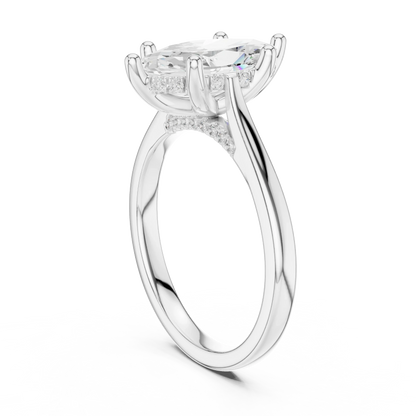 Back view of white gold marquise solitaire ring with plain domed band and lab-grown diamond – Australia