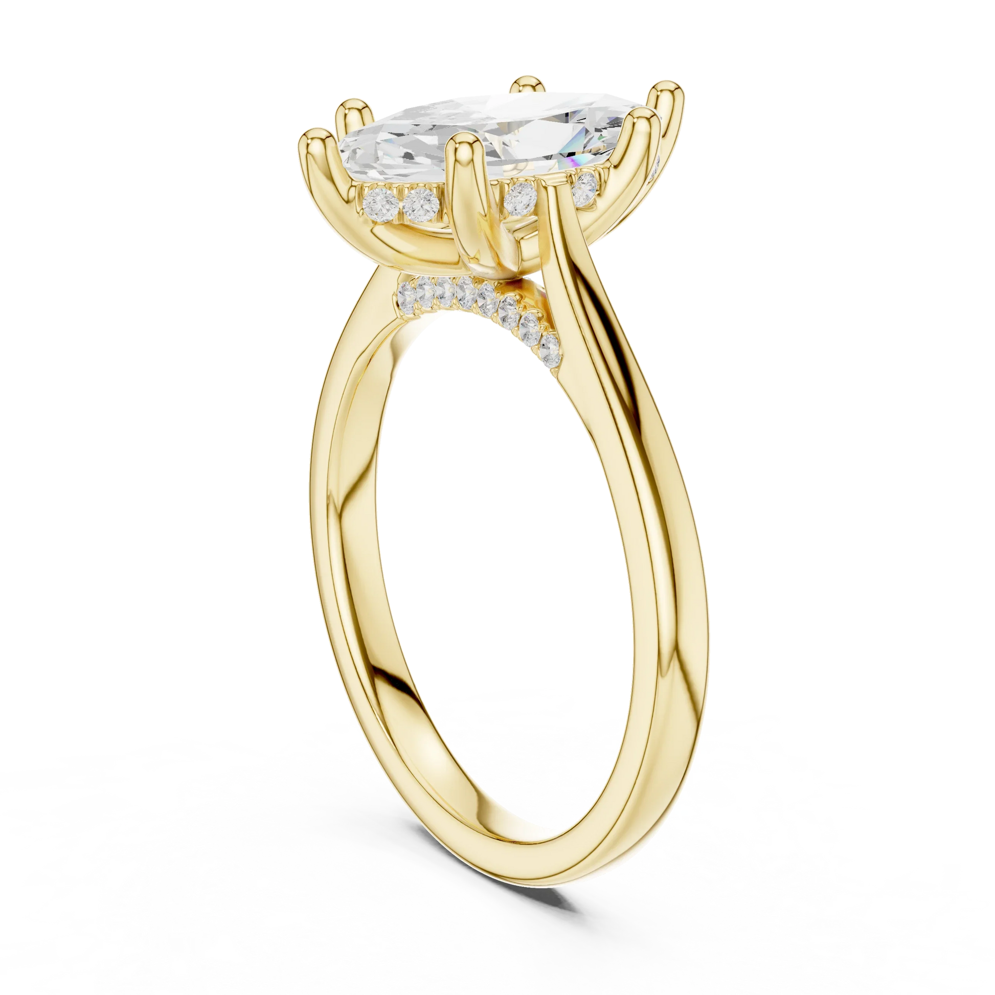 Side view of yellow gold marquise solitaire ring with plain domed band and lab-grown diamond – Australia