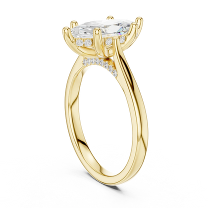 Side view of yellow gold marquise solitaire ring with plain domed band and lab-grown diamond – Australia