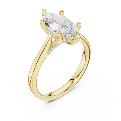 Front view of white gold marquise solitaire ring with plain domed band and lab-grown diamond – Australia