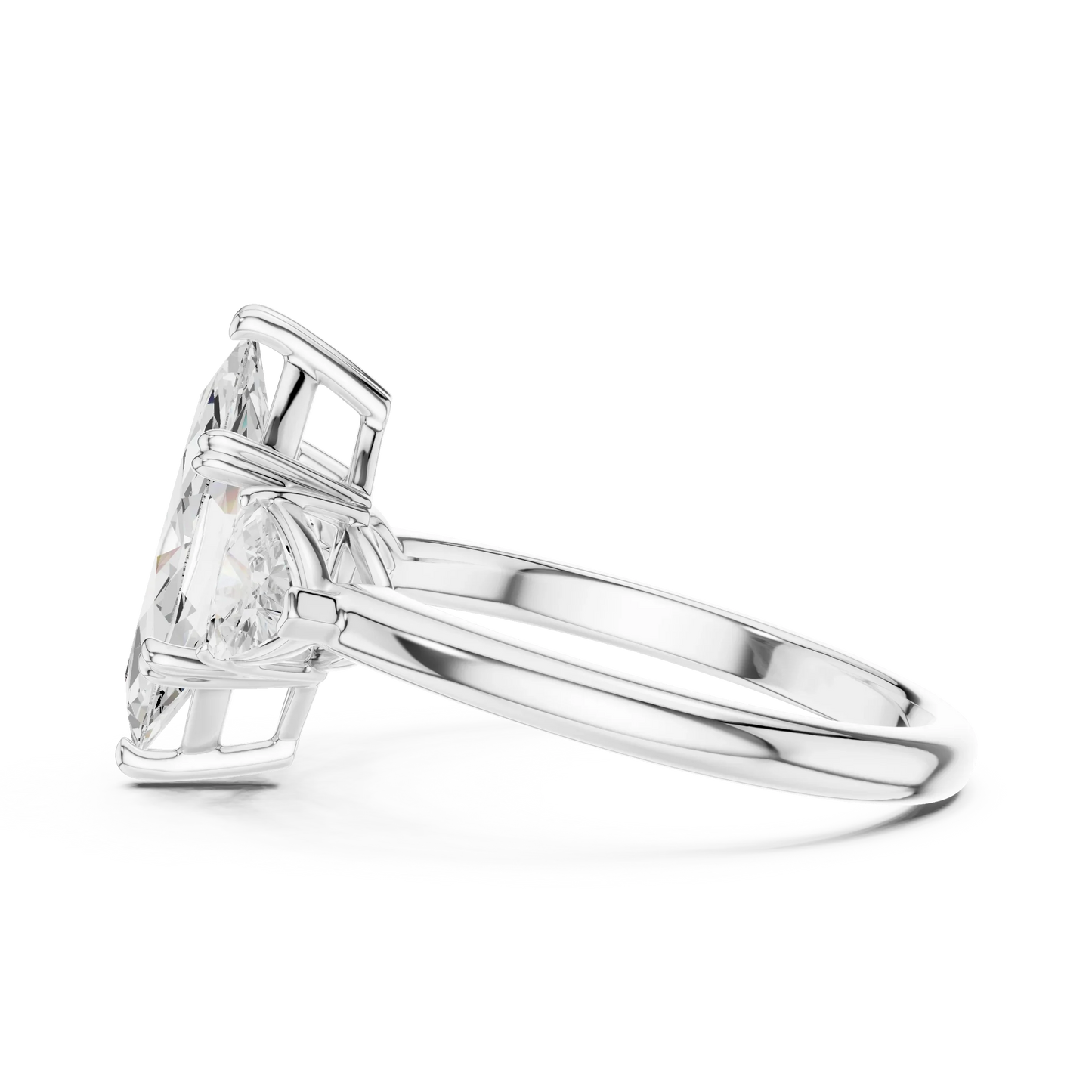 Side view of white gold marquise three-stone ring with trillion cut side stones and lab-grown diamond 鈥?Australia