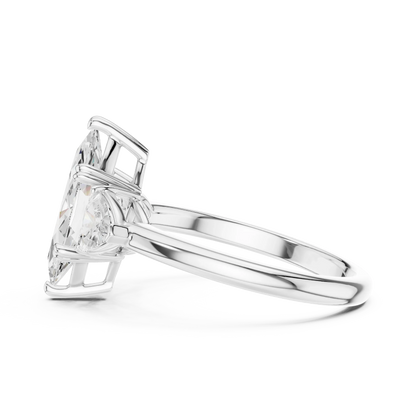 Side view of white gold marquise three-stone ring with trillion cut side stones and lab-grown diamond 鈥?Australia