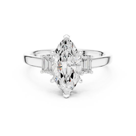 Lab-grown marquise cut three stone diamond ring in white gold, elegant top view.
