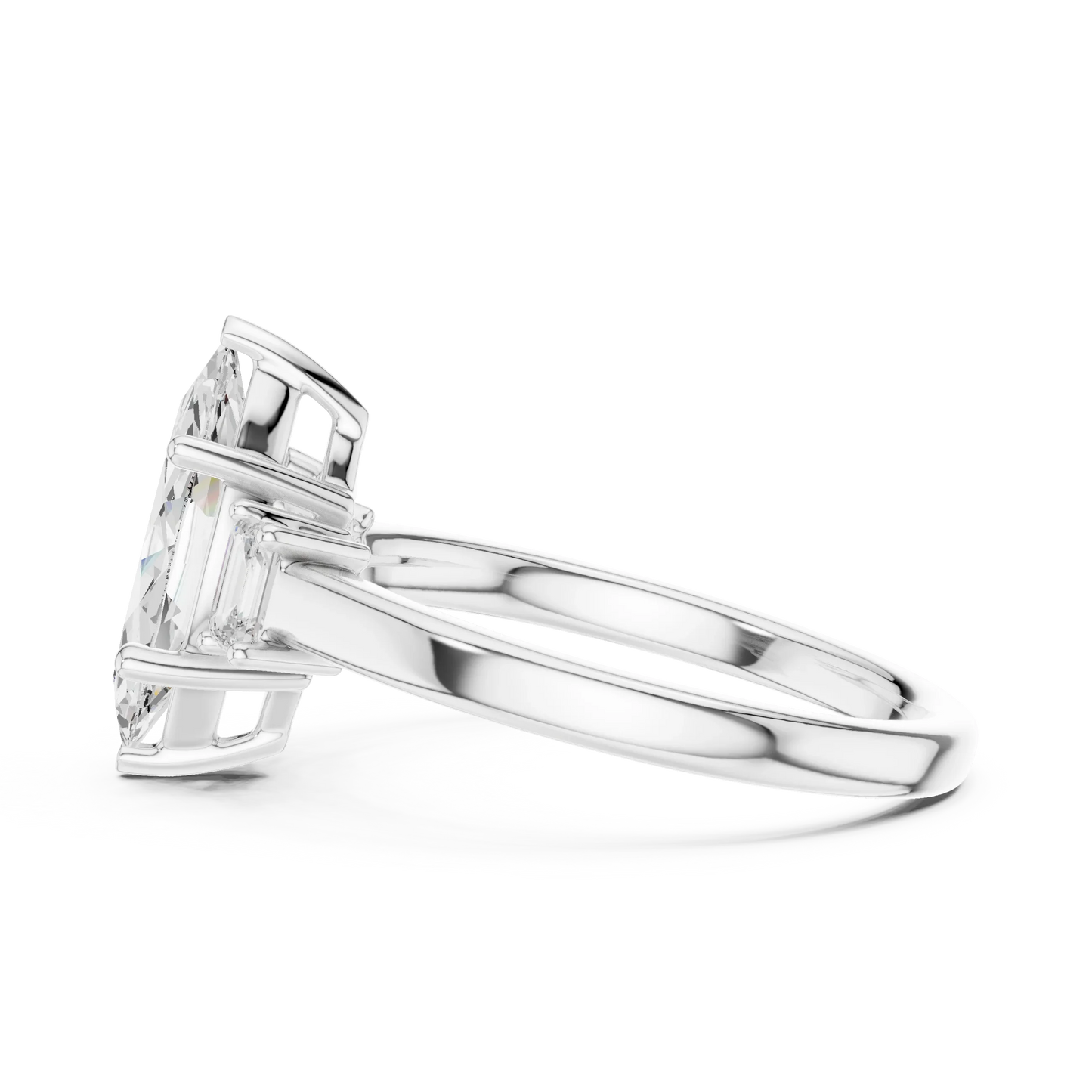 Side view of white gold marquise cut three stone diamond ring, highlighting setting profile