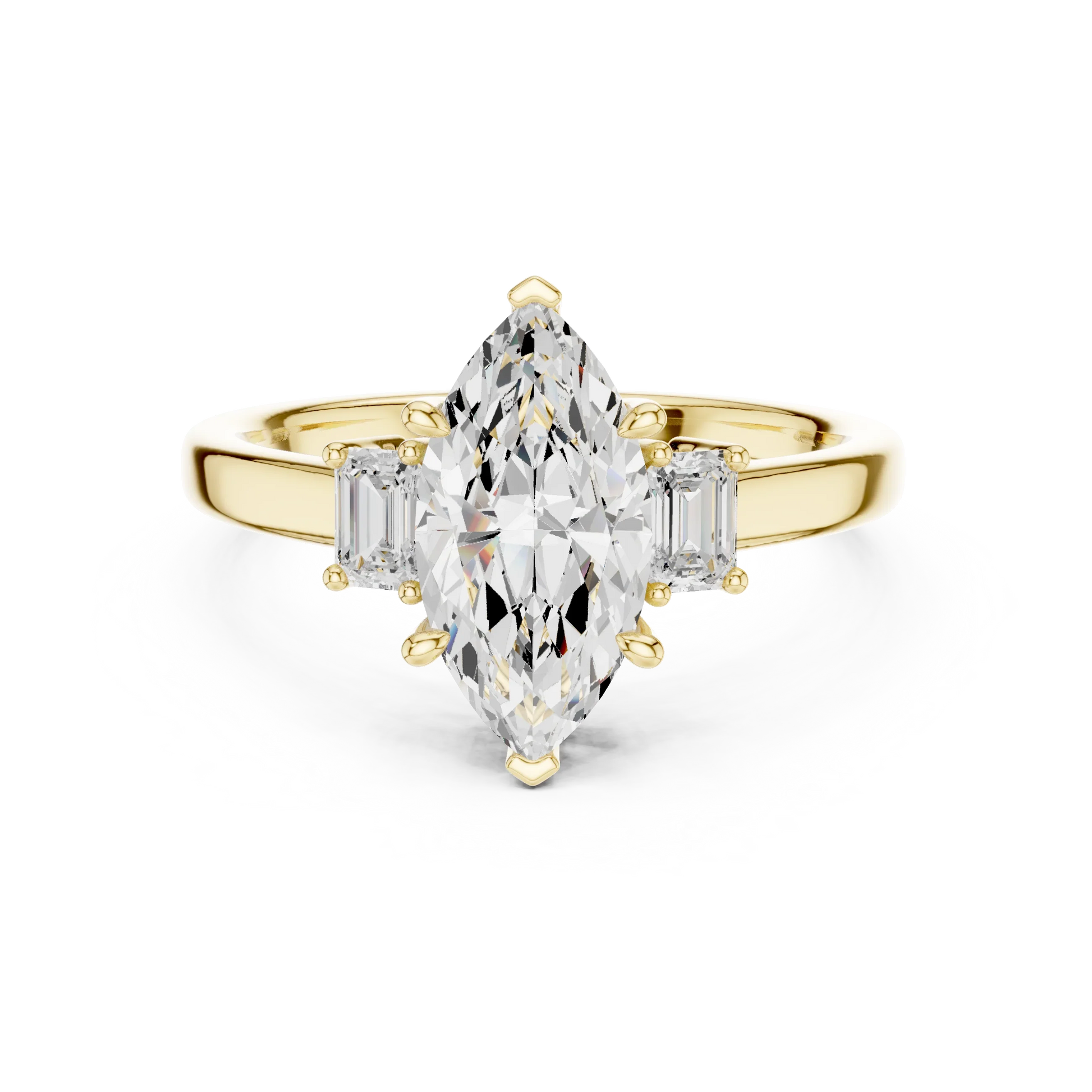 Lab-grown marquise cut three stone diamond ring in yellow gold, classic top view