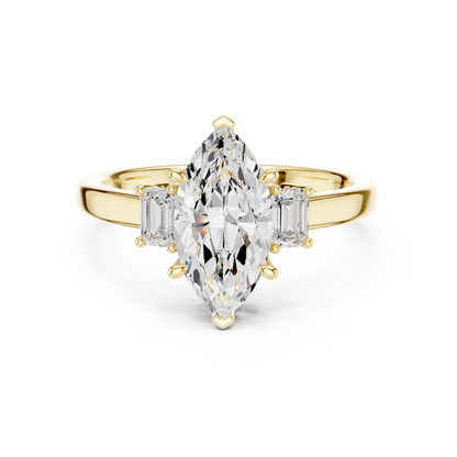 Lab-grown marquise cut three stone diamond ring in yellow gold, classic top view