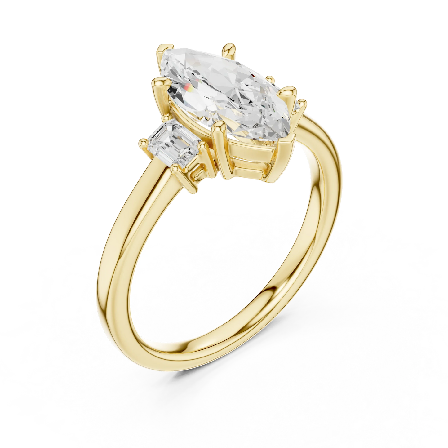 Front view of yellow gold marquise three stone diamond ring, emphasizing brilliance.