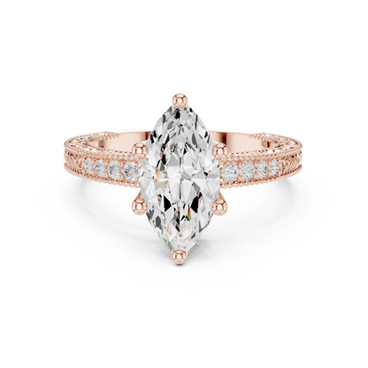 Marquise vintage filigree ring in rose gold with milgrain, channel set diamond band and lab-grown diamond – Australia