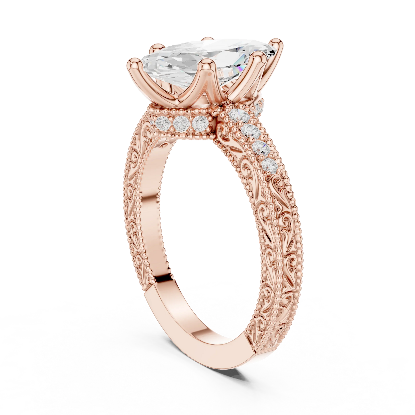 Back view of rose gold marquise vintage filigree ring with milgrain, channel set diamond band and lab-grown diamond – Australia