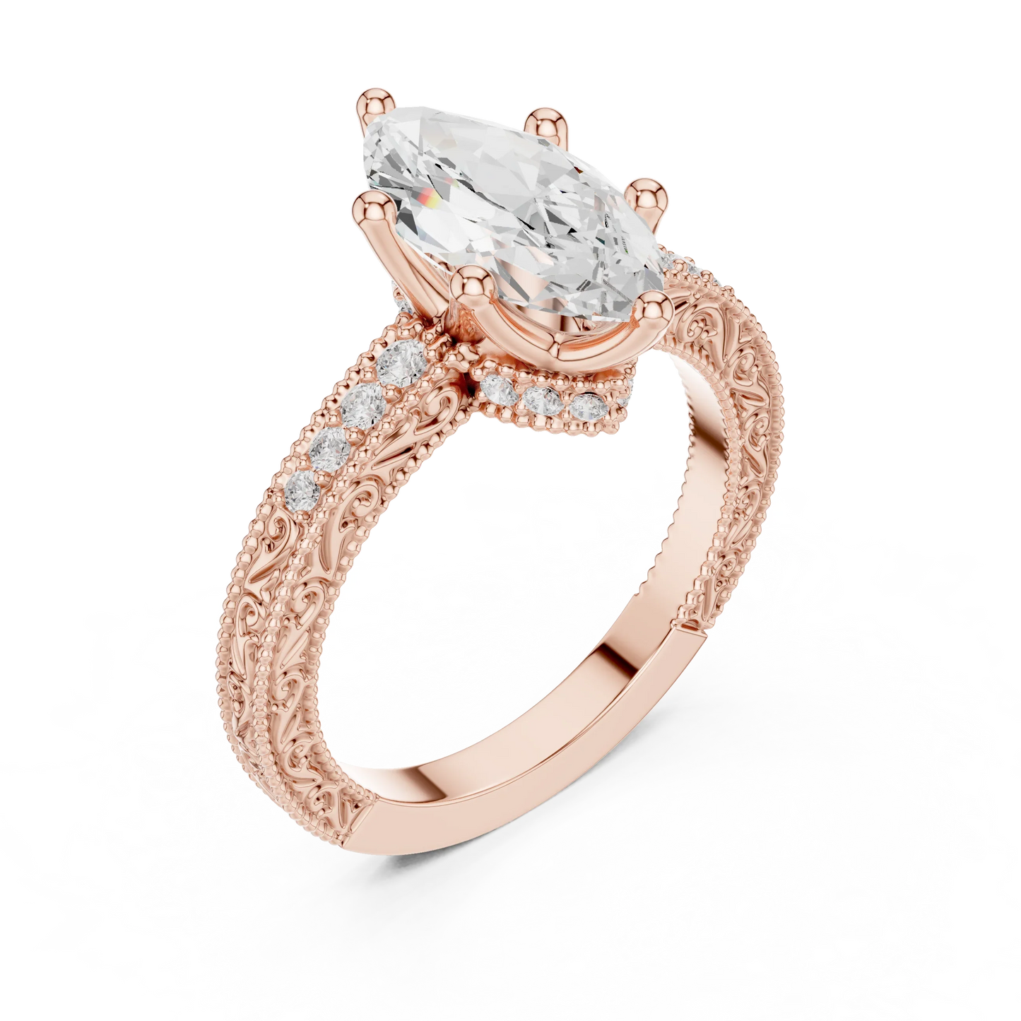 Front view of rose gold marquise vintage filigree ring with milgrain, channel set diamond band and lab-grown diamond – Australia