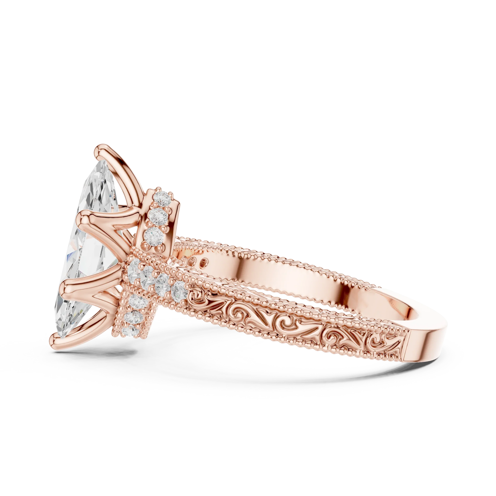 Side view of rose gold marquise vintage filigree ring with milgrain, channel set diamond band and lab-grown diamond – Australia