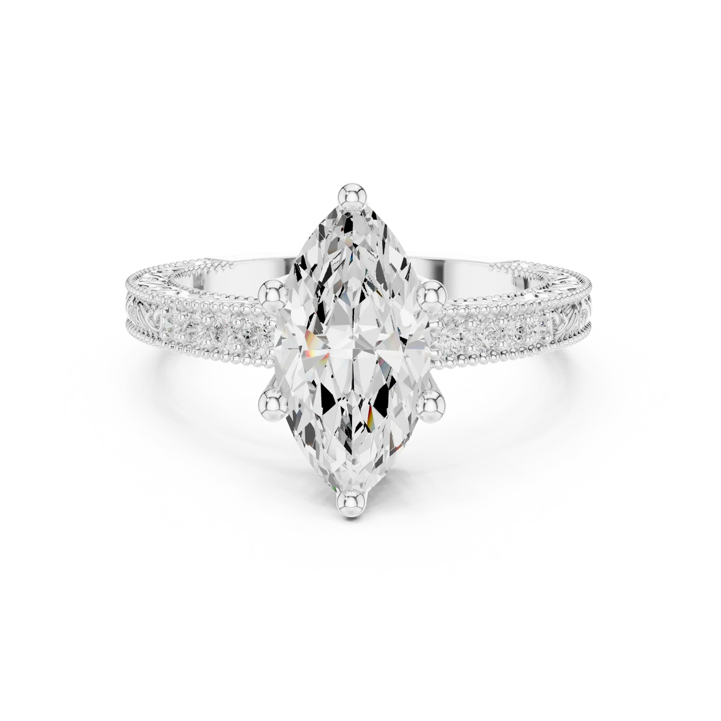 Marquise vintage filigree ring in white gold with milgrain, channel set diamond band and lab-grown diamond – Australia
