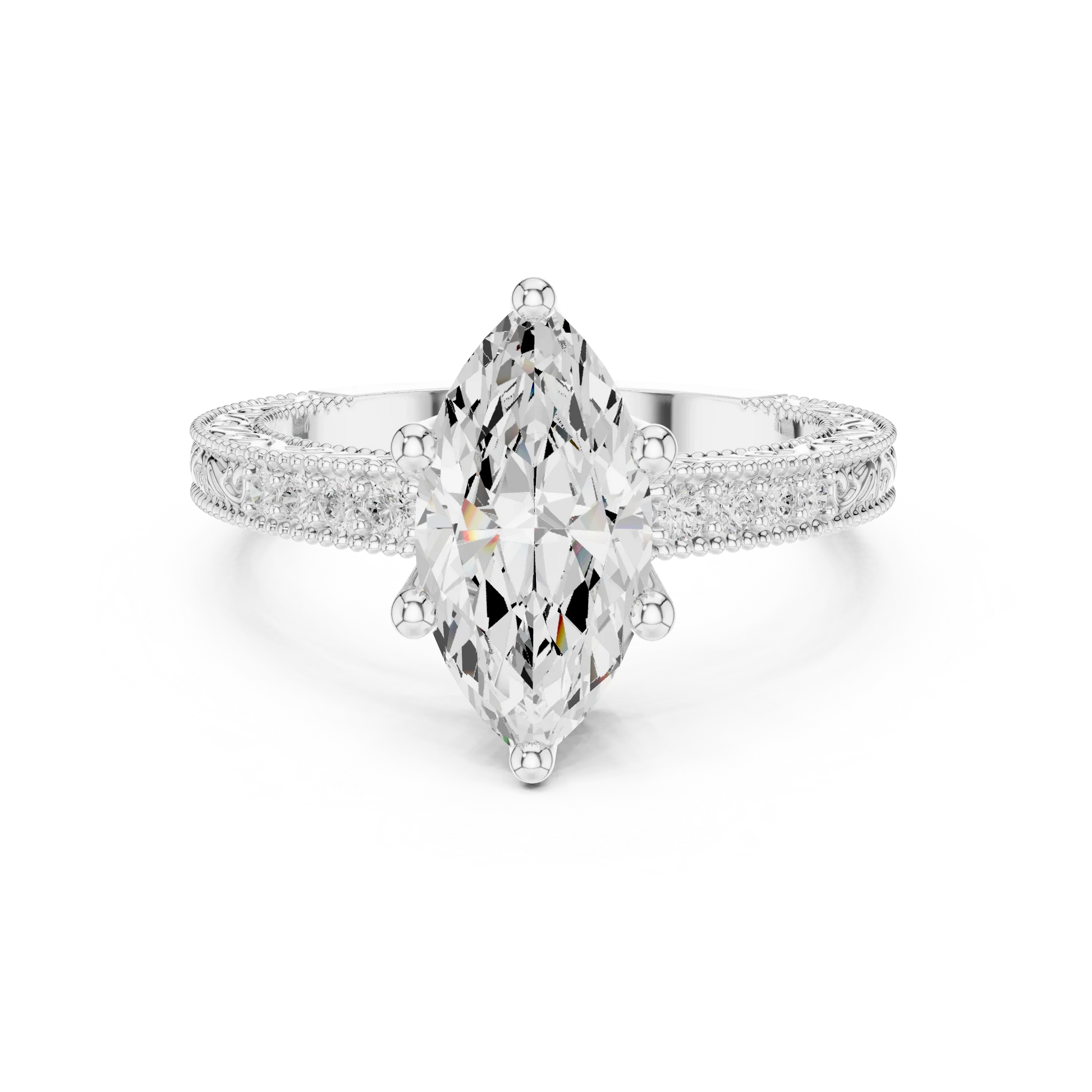 Marquise vintage filigree ring in white gold with milgrain, channel set diamond band and lab-grown diamond – Australia