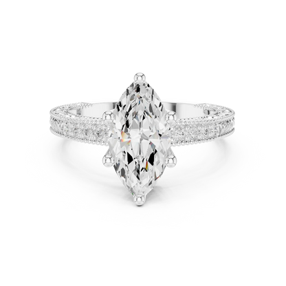 Marquise vintage filigree ring in white gold with milgrain, channel set diamond band and lab-grown diamond – Australia