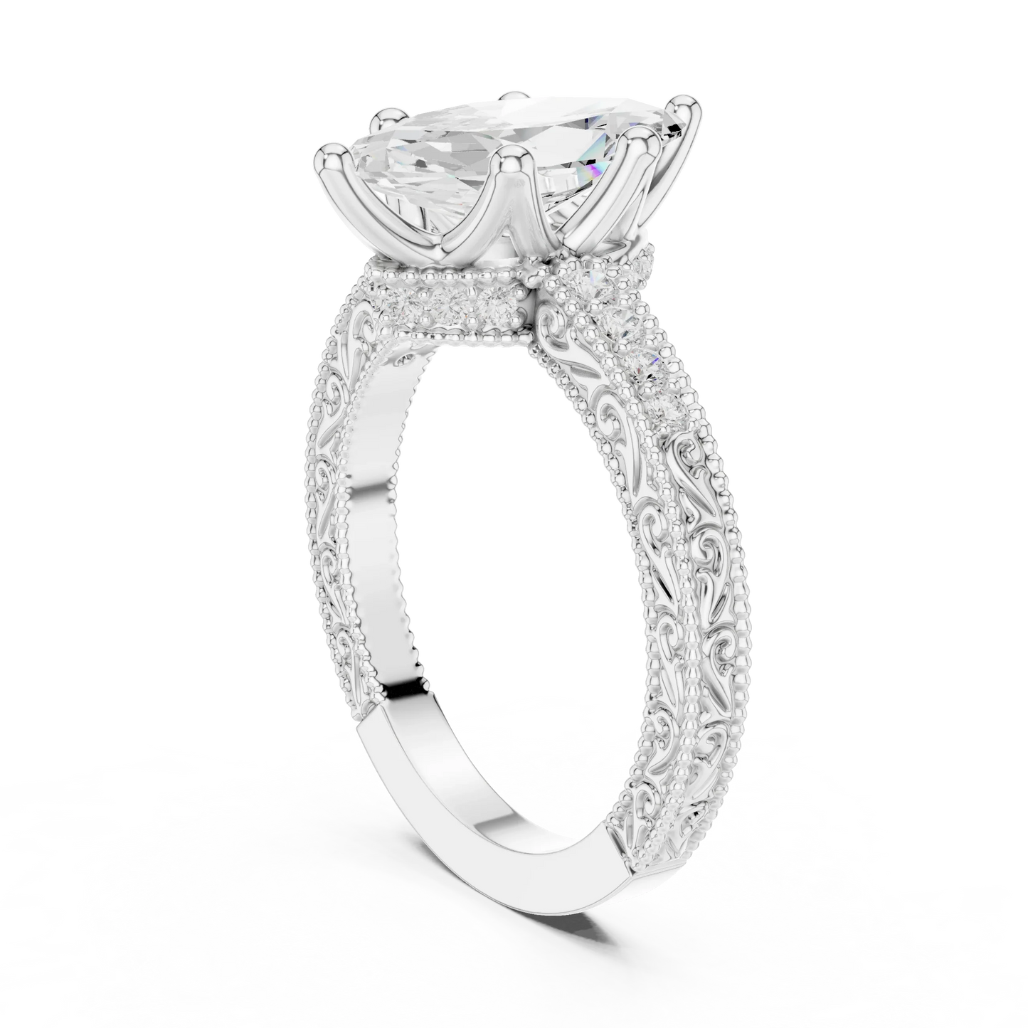Back view of white gold marquise vintage filigree ring with milgrain, channel set diamond band and lab-grown diamond – Australia
