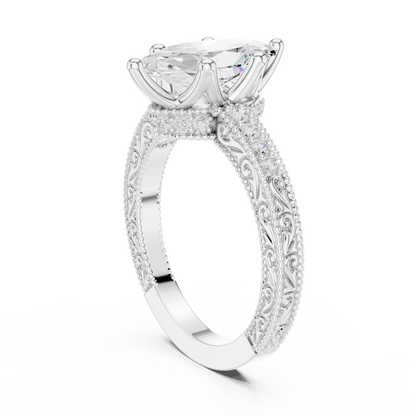 Back view of white gold marquise vintage filigree ring with milgrain, channel set diamond band and lab-grown diamond – Australia