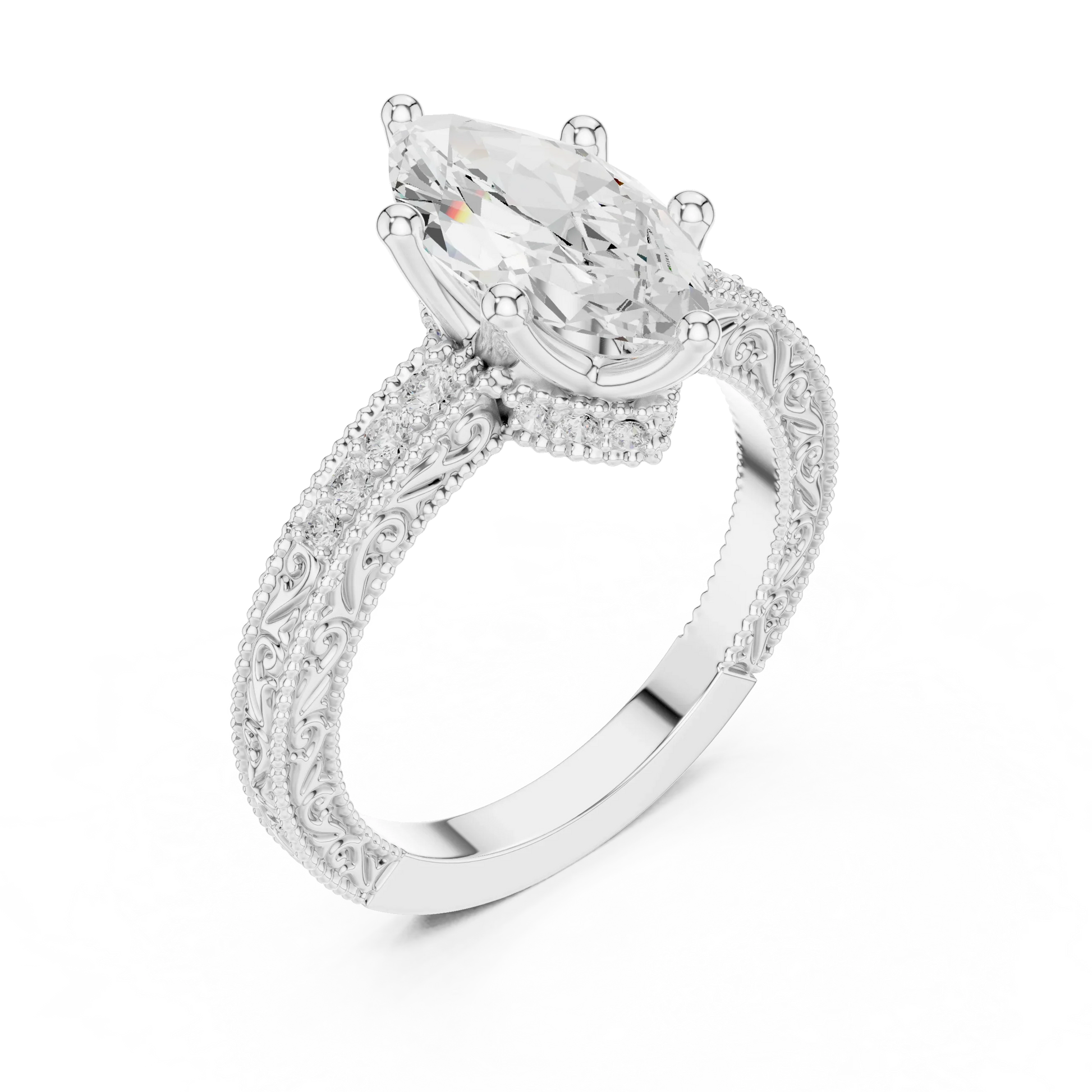 Front view of white gold marquise vintage filigree ring with milgrain, channel set diamond band and lab-grown diamond – Australia