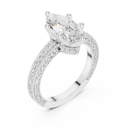 Front view of white gold marquise vintage filigree ring with milgrain, channel set diamond band and lab-grown diamond – Australia