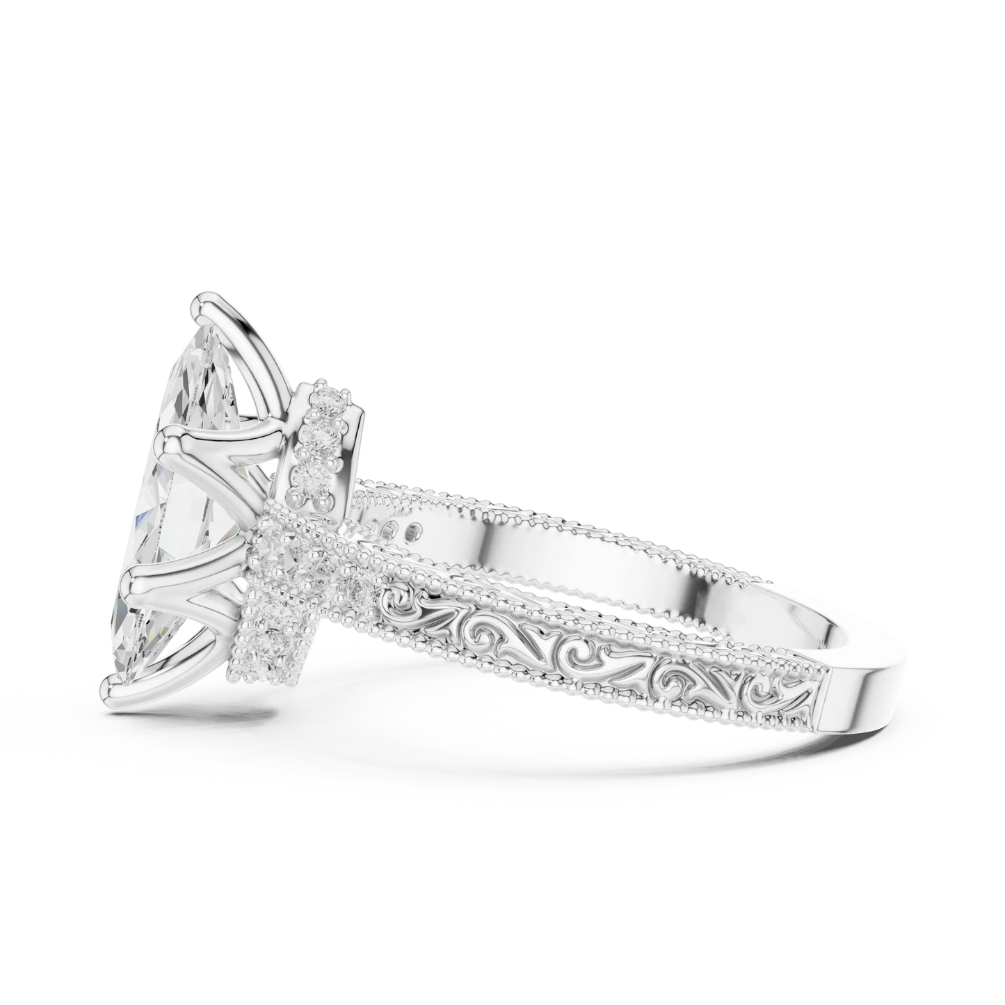 Side view of white gold marquise vintage filigree ring with milgrain, channel set diamond band and lab-grown diamond – Australia