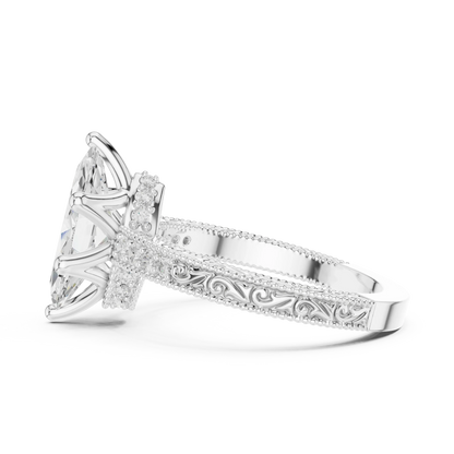 Side view of white gold marquise vintage filigree ring with milgrain, channel set diamond band and lab-grown diamond – Australia