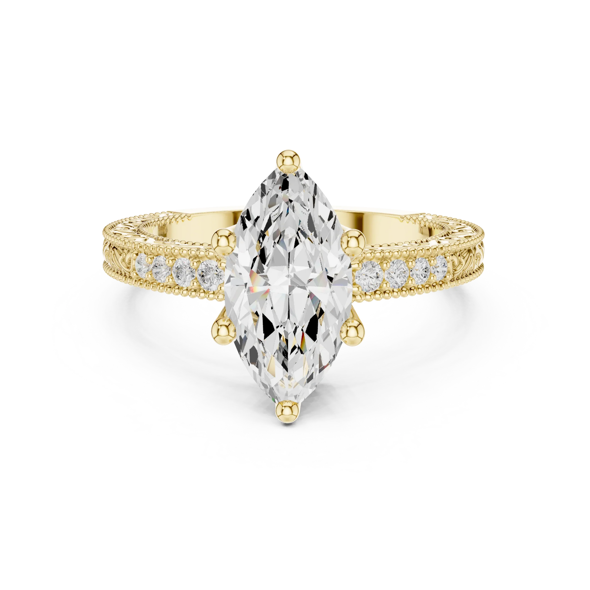 Marquise vintage filigree ring in yellow gold with milgrain, channel set diamond band and lab-grown diamond – Australia
