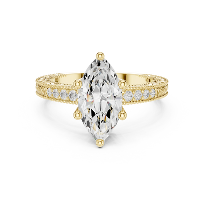 Marquise vintage filigree ring in yellow gold with milgrain, channel set diamond band and lab-grown diamond – Australia