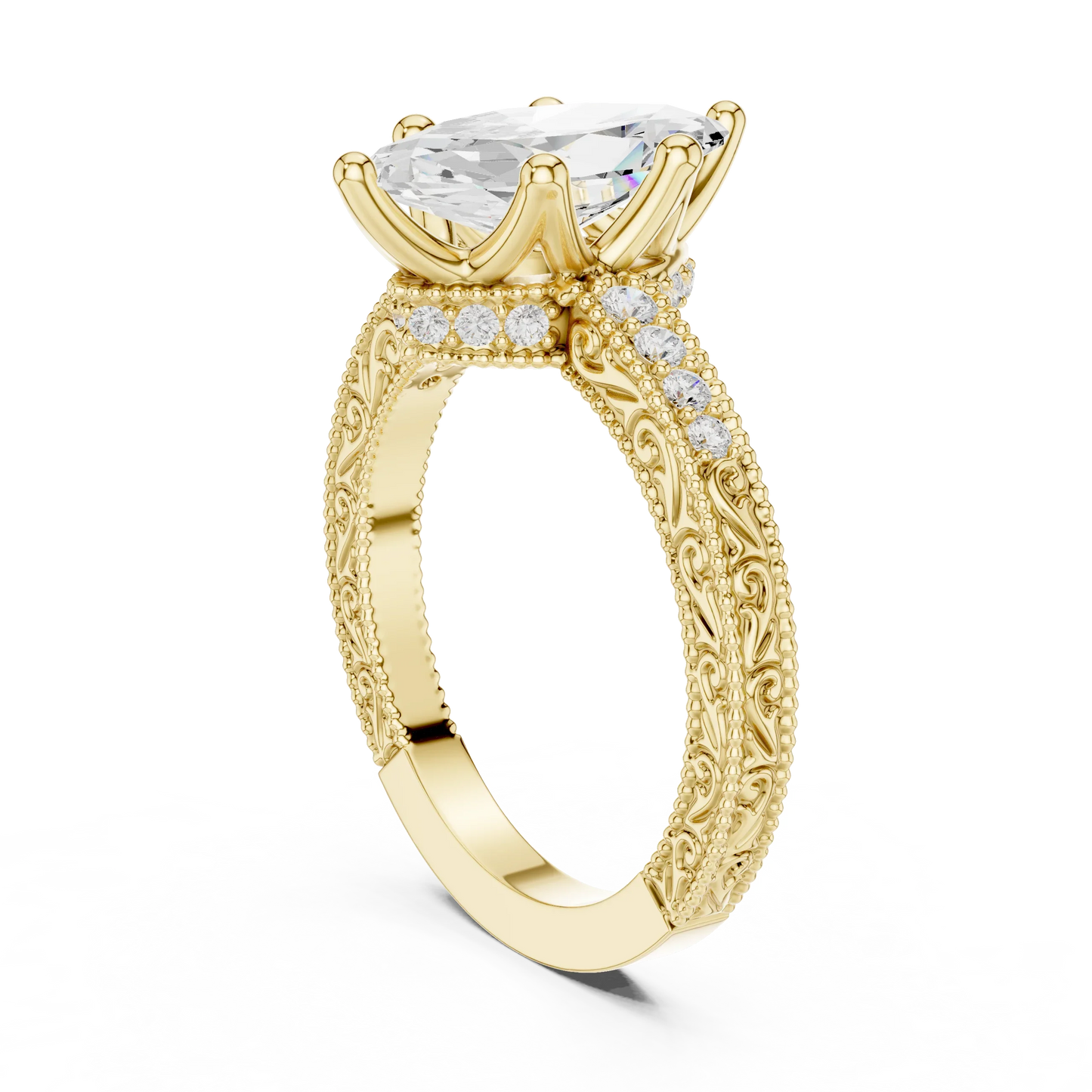 Back view of yellow gold marquise vintage filigree ring with milgrain, channel set diamond band and lab-grown diamond – Australia