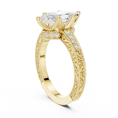 Back view of yellow gold marquise vintage filigree ring with milgrain, channel set diamond band and lab-grown diamond – Australia