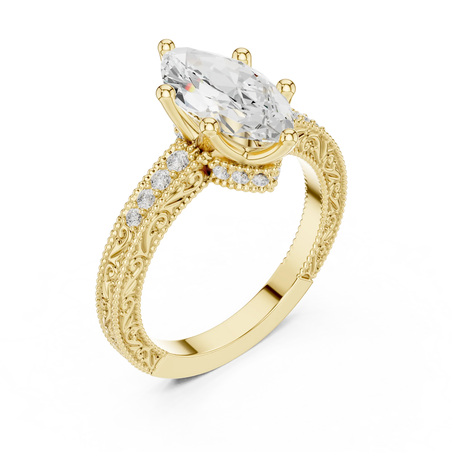 Front view of yellow gold marquise vintage filigree ring with milgrain, channel set diamond band and lab-grown diamond – Australia