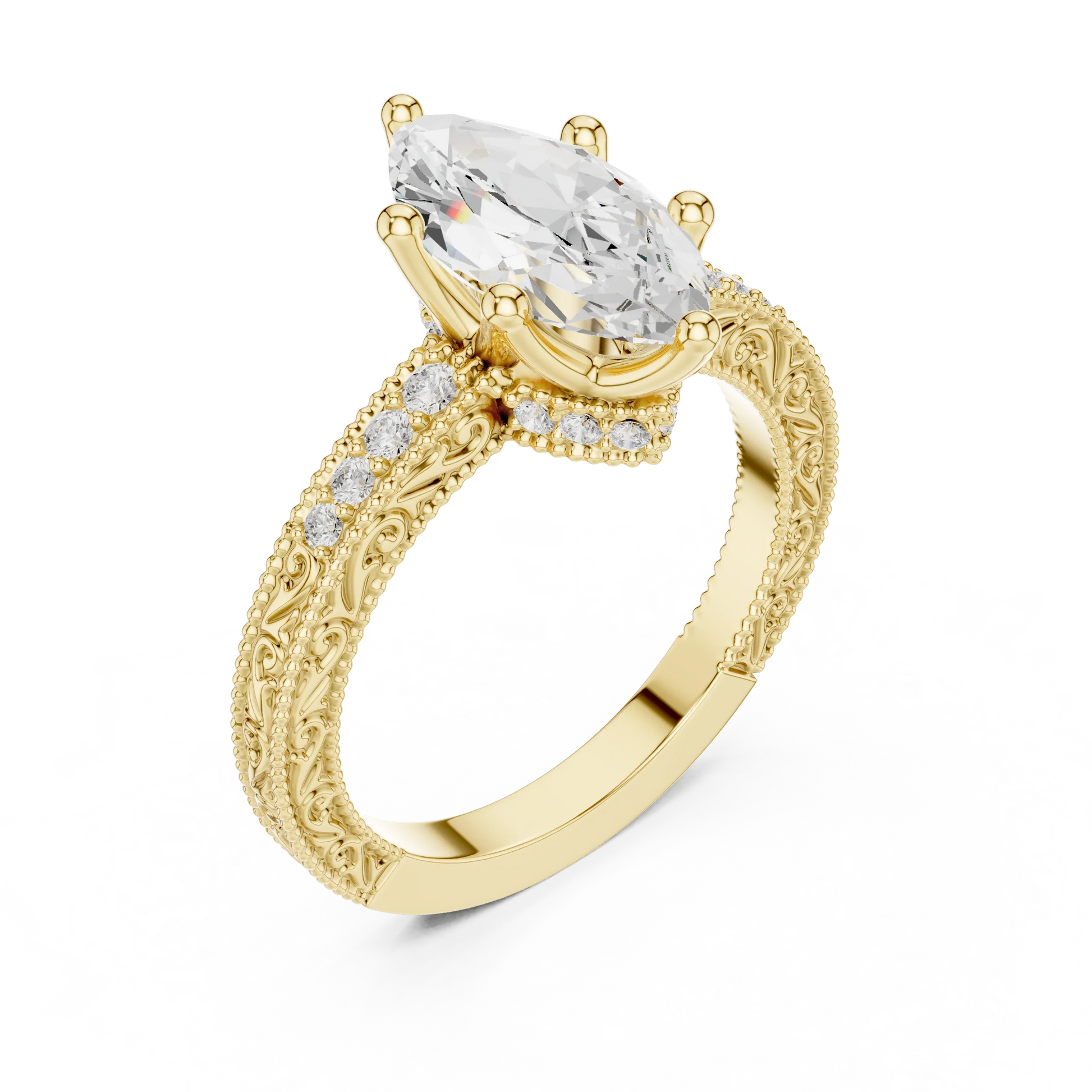 Front view of yellow gold marquise vintage filigree ring with milgrain, channel set diamond band and lab-grown diamond – Australia