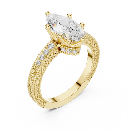 Front view of yellow gold marquise vintage filigree ring with milgrain, channel set diamond band and lab-grown diamond – Australia