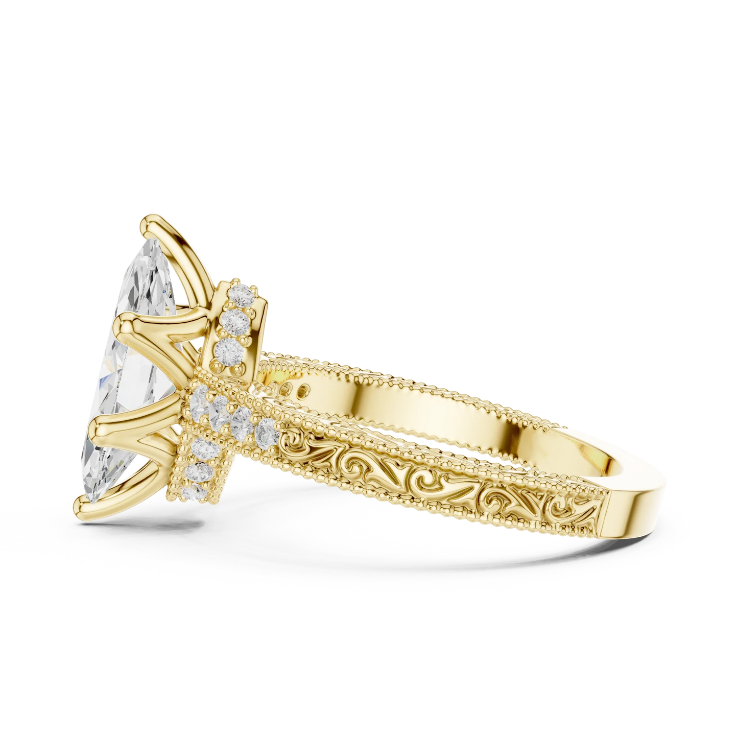 Side view of yellow gold marquise vintage filigree ring with milgrain, channel set diamond band and lab-grown diamond – Australia