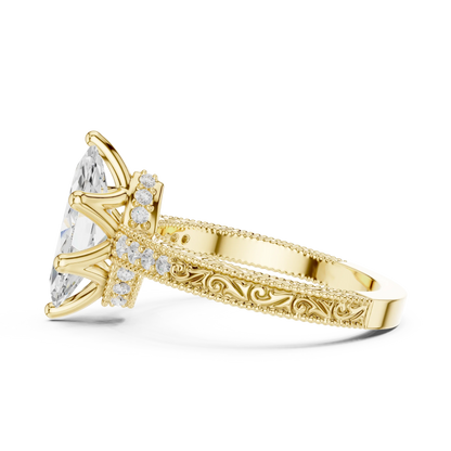 Side view of yellow gold marquise vintage filigree ring with milgrain, channel set diamond band and lab-grown diamond – Australia
