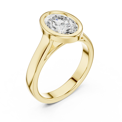 Front view of yellow gold oval bezel solitaire ring with lab-grown diamond – Australia