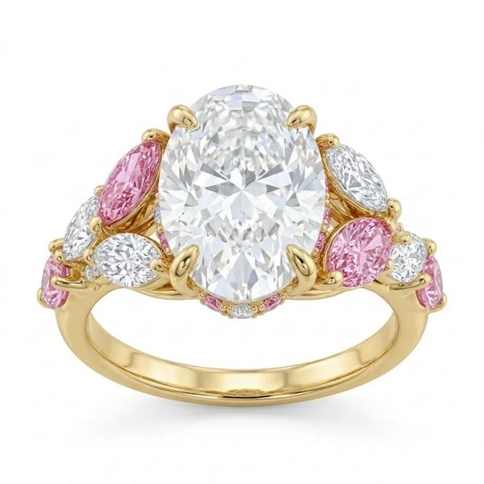 Front view of yellow gold oval center stone ring with pink marquise and white pear side cluster accents with lab-grown diamonds – Australia